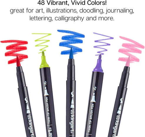 PRO Dual Twin-Tip Brush Pens, Set of 48 Unique & Vivid Colors, Watercolor Markers with Flexible Nylon Brush Tips, Professional Watercolor Pens for Painting, Drawing