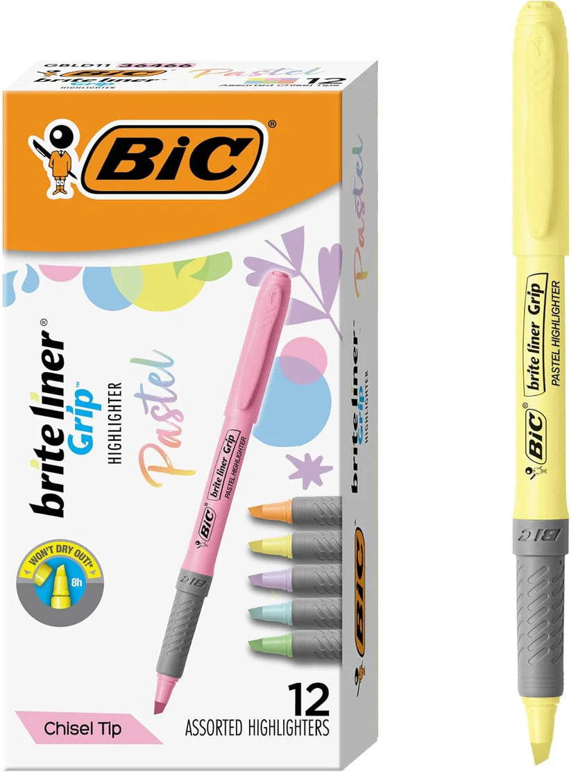 Brite Liner Grip Pastel Highlighter Set, Chisel Tip, 12-Count Pack of Pastel Highlighters in Assorted Colors, Cute Highlighters for Bullet Journaling, Note Taking and More