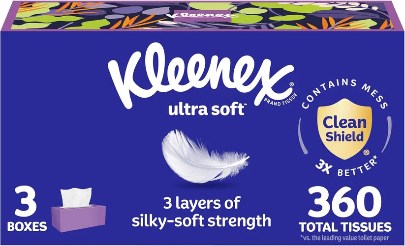 Ultra Soft Facial Tissues, 3 Flat Boxes, 120 Tissues per Box, 3-Ply (360 Total), Packaging May Vary